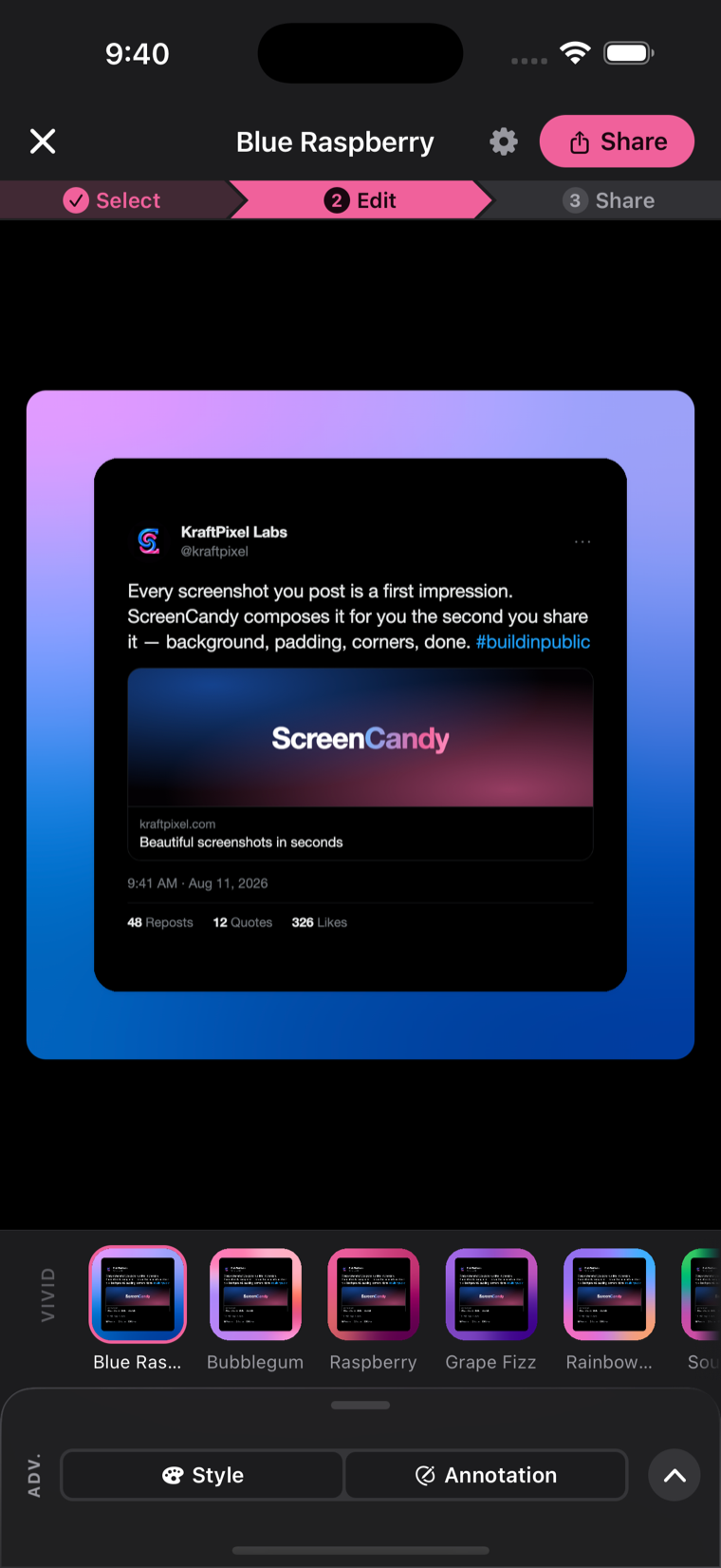 A screenshot composed in ScreenCandy on the Blue Raspberry mesh gradient, rounded corners and a soft shadow